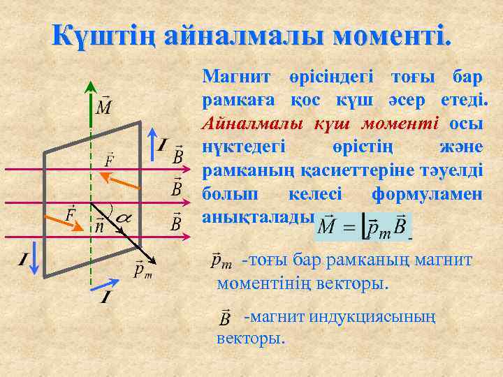 Күштің айналмалы моменті Магнит өрісіндегі тоғы бар рамкаға қос күш әсер етеді. Айналмалы күш