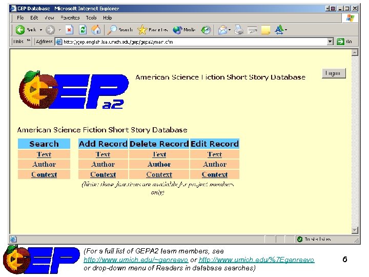 Online Database – opening screen (For a full list of GEPA 2 team members,