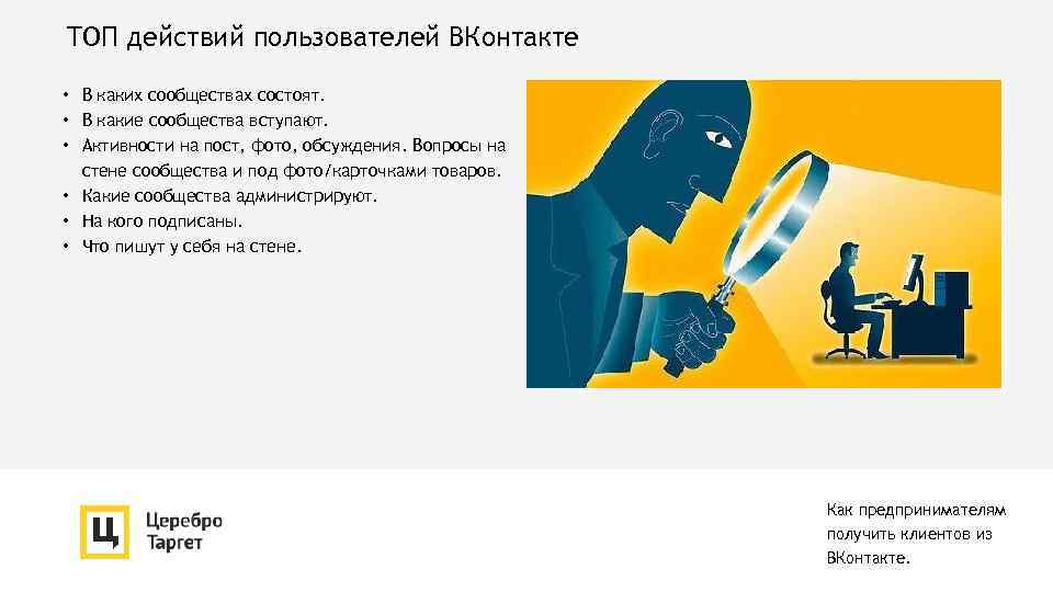 ТОП действий пользователей ВКонтакте • В каких сообществах состоят. • В какие сообщества вступают.
