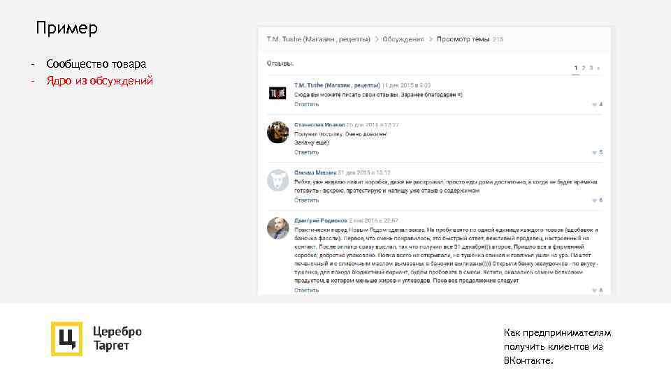 Пример - Сообщество товара - Ядро из обсуждений Как предпринимателям получить клиентов из ВКонтакте.