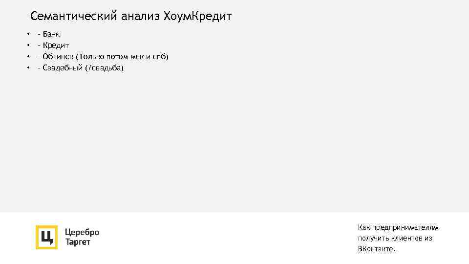 Семантический анализ Хоум. Кредит • • - Банк Кредит Обнинск (Только потом мск и