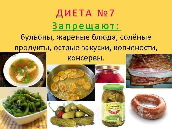 ДИЕТА № 7 Запрещают: бульоны, жареные блюда, солёные продукты, острые закуски, копчёности, консервы. 