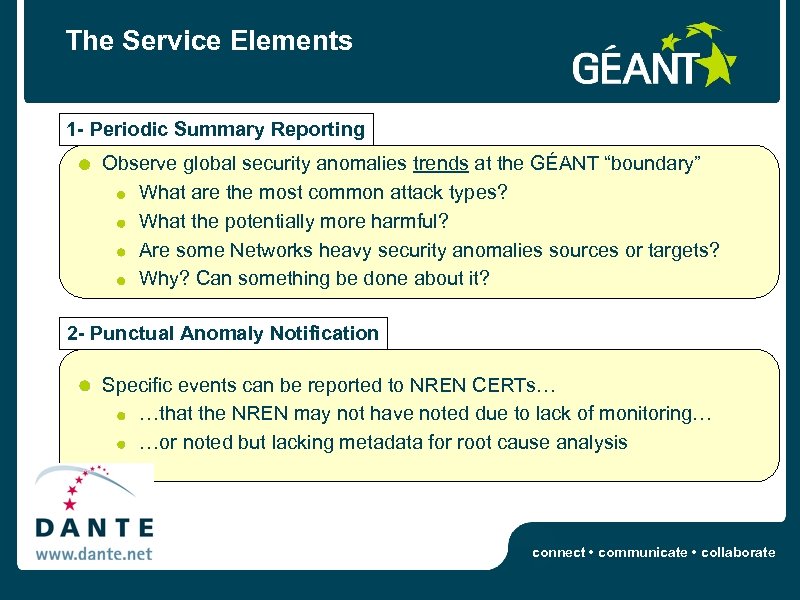 The Service Elements 1 - Periodic Summary Reporting Observe global security anomalies trends at