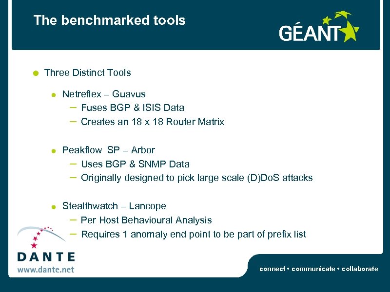 The benchmarked tools Three Distinct Tools Netreflex – Guavus – Fuses BGP & ISIS