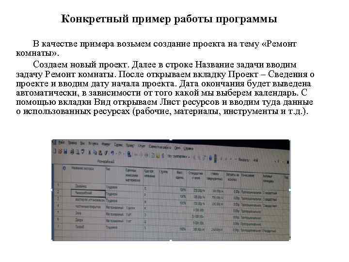 Конкретный пример работы программы В качестве примера возьмем создание проекта на тему «Ремонт комнаты»