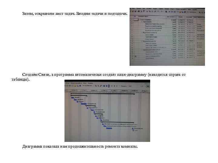 Затем, открываем лист задач. Вводим задачи и подзадачи. Создаём Связи, а программа автоматически создаёт