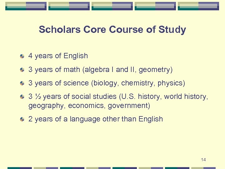 Scholars Core Course of Study 4 years of English 3 years of math (algebra