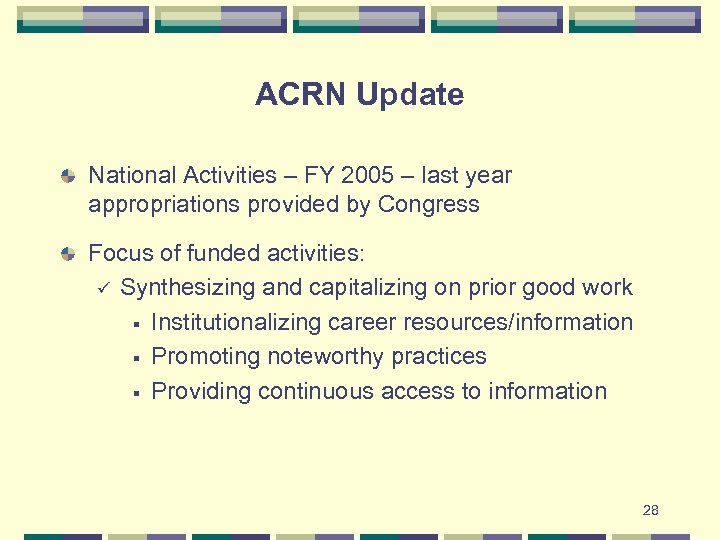 ACRN Update National Activities – FY 2005 – last year appropriations provided by Congress