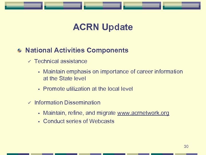 ACRN Update National Activities Components ü Technical assistance § § ü Maintain emphasis on