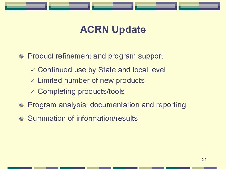 ACRN Update Product refinement and program support ü ü ü Continued use by State