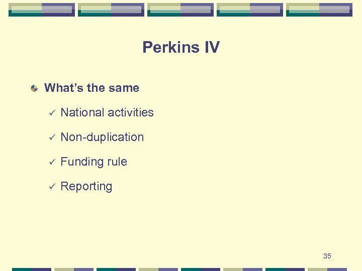 Perkins IV What’s the same ü National activities ü Non-duplication ü Funding rule ü