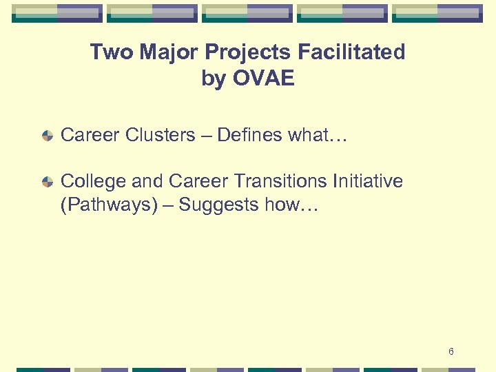 Two Major Projects Facilitated by OVAE Career Clusters – Defines what… College and Career