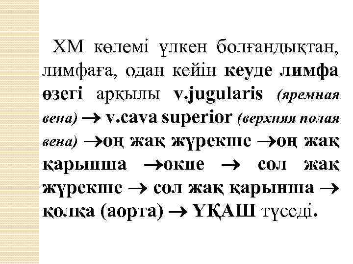 ХМ көлемі үлкен болғандықтан, лимфаға, одан кейін кеуде лимфа өзегі арқылы v. jugularis (яремная