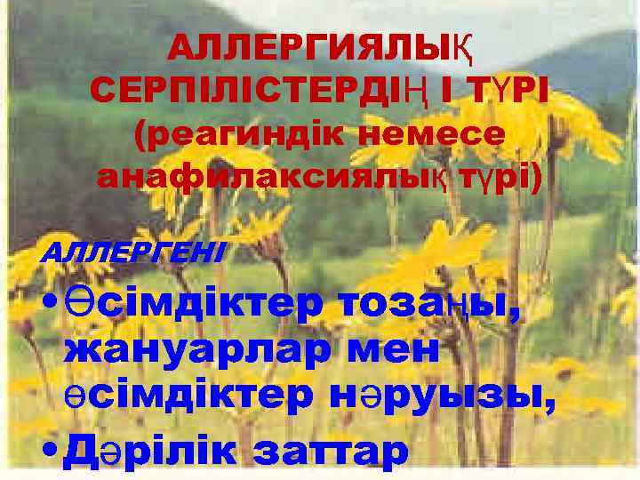 АЛЛЕРГИЯЛЫҚ СЕРПІЛІСТЕРДІҢ I ТҮРІ (реагиндік немесе анафилаксиялық түрі) АЛЛЕРГЕНІ • Өсімдіктер тозаңы, жануарлар мен