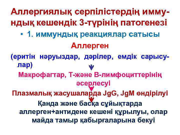 Аллергиялық серпілістердің иммундық кешендік 3 -түрінің патогенезі • 1. иммундық реакциялар сатысы Аллерген (еритін