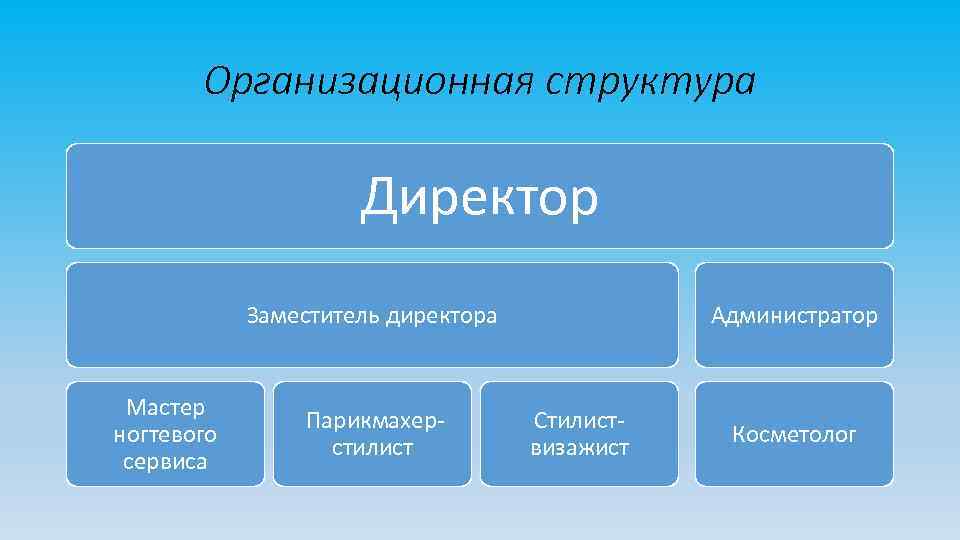 Организационная структура Директор Заместитель директора Мастер ногтевого сервиса Парикмахерстилист Администратор Стилиствизажист Косметолог 