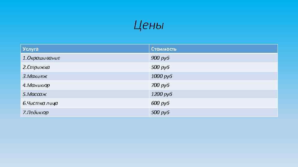 Цены Услуга Стоимость 1. Окрашивание 900 руб 2. Стрижка 500 руб 3. Макияж 1000