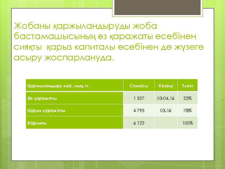 Жобаны қаржыландыруды жоба бастамашысының өз қаражаты есебінен сияқты қарыз капиталы есебінен де жүзеге асыру