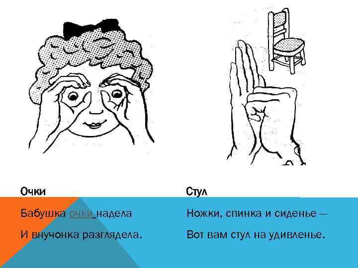 Очки Стул Бабушка очки надела Ножки, спинка и сиденье — И внучонка разглядела. Вот