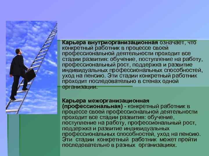 Карьера внутриорганизационная означает, что конкретный работник в процессе своей профессиональной деятельности проходит все стадии