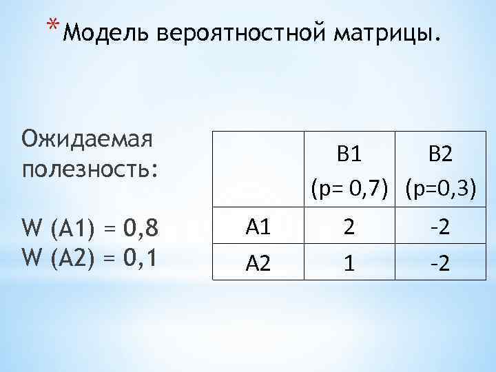 * Модель вероятностной матрицы. Ожидаемая полезность: W (A 1) = 0, 8 W (A