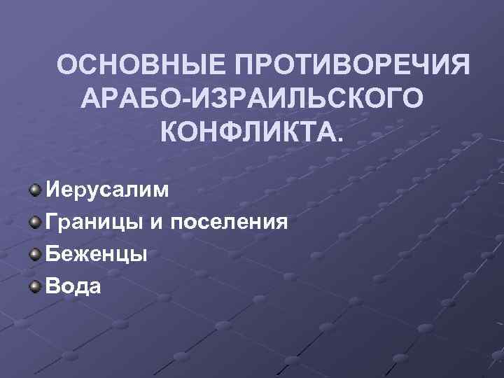 ОСНОВНЫЕ ПРОТИВОРЕЧИЯ АРАБО-ИЗРАИЛЬСКОГО КОНФЛИКТА. Иерусалим Границы и поселения Беженцы Вода 