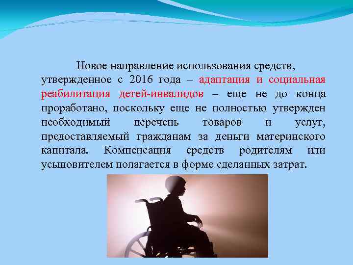 Новое направление использования средств, утвержденное с 2016 года – адаптация и социальная реабилитация детей-инвалидов