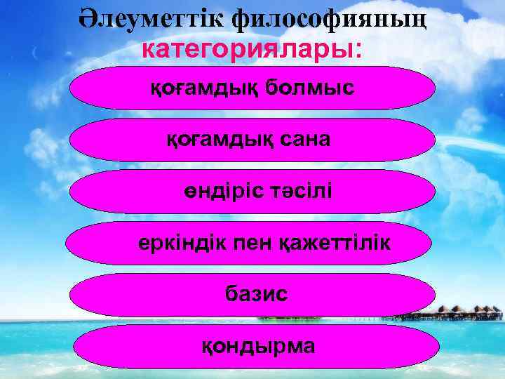 Әлеуметтік философияның категориялары: қоғамдық болмыс қоғамдық сана өндіріс тәсілі еркіндік пен қажеттілік базис қондырма