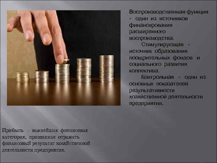 Воспроизводственная функция - один из источников финансирования расширенного воспроизводства. Стимулирующая источник образования поощрительных фондов