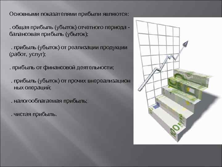 Основными показателями прибыли являются: . общая прибыль (убыток) отчетного периода балансовая прибыль (убыток); .