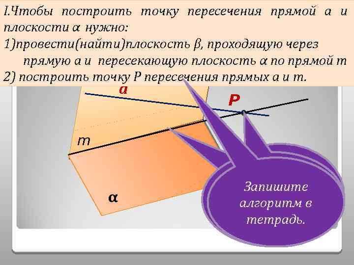 I. Чтобы построить точку пересечения прямой а и I. Прямая а плоскости α нужно: