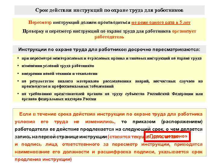 Срок действия инструкций по охране труда для работников Пересмотр инструкций должен производиться не реже