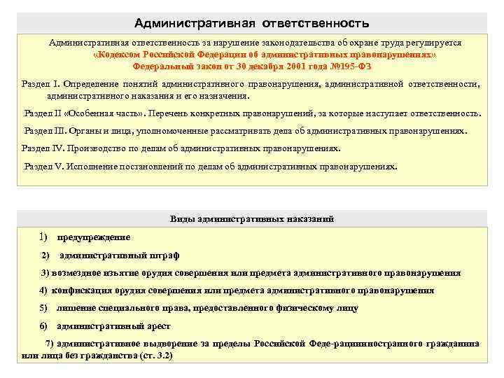 Административная ответственность за нарушение законодательства об охране труда регулируется «Кодексом Российской Федерации об административных