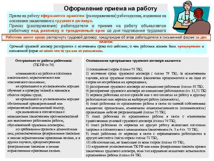 Оформление приема на работу Прием на работу оформляется приказом (распоряжением) работодателя, изданным на основании