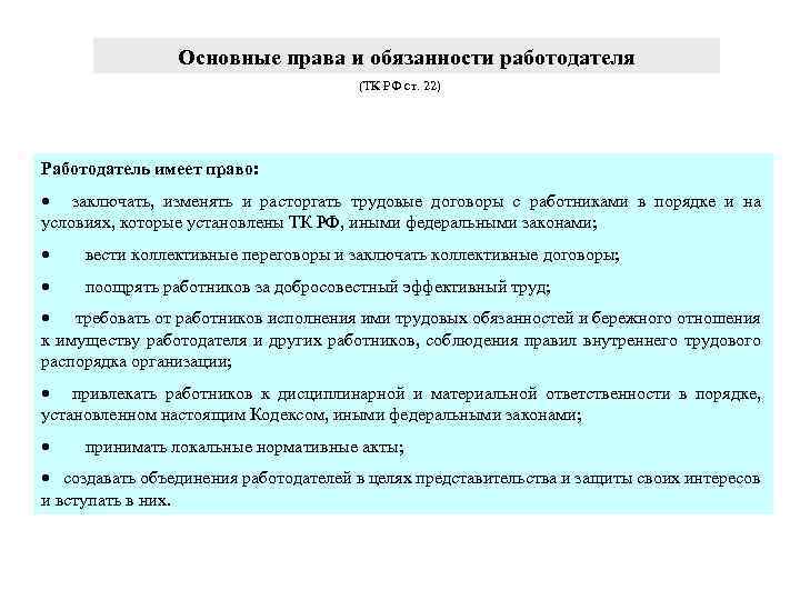 Основные права и обязанности работодателя (ТК РФ ст. 22) Работодатель имеет право: · заключать,