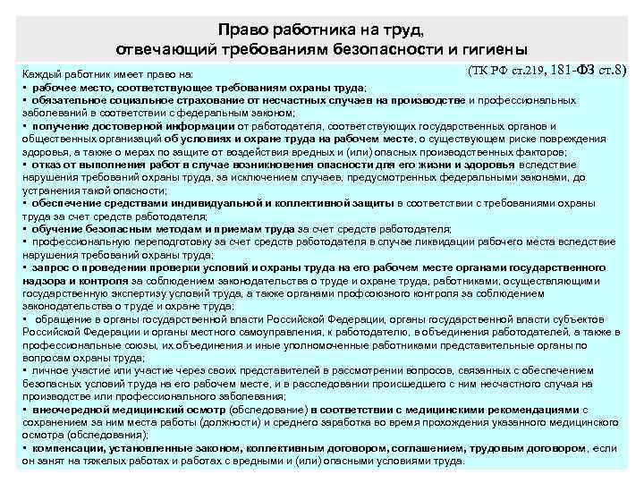 Право работника на труд, отвечающий требованиям безопасности и гигиены (ТК РФ ст. 219, 181