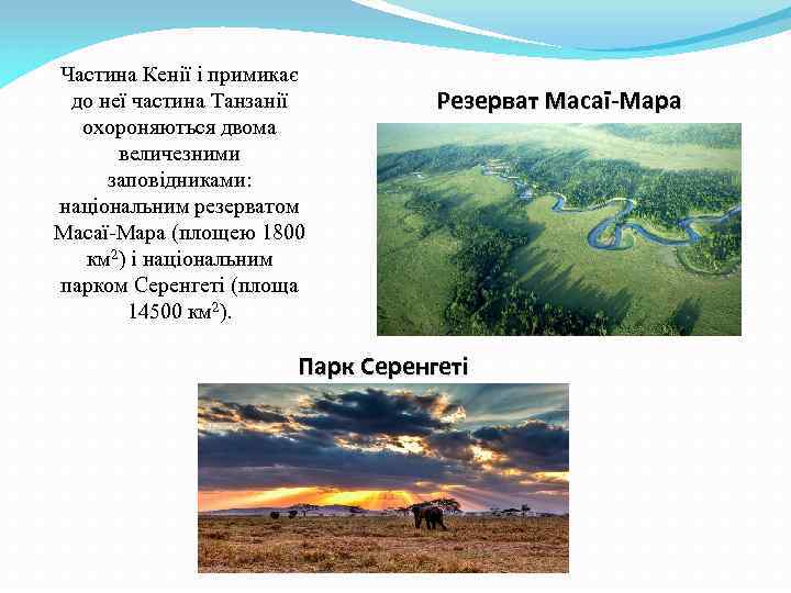 Частина Кенії і примикає до неї частина Танзанії охороняються двома величезними заповідниками: національним резерватом