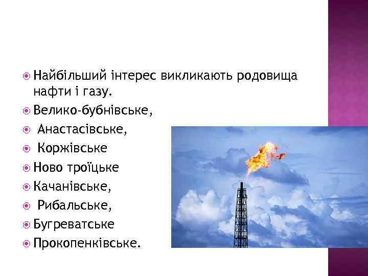  Найбільший інтерес викликають родовища нафти і газу. Велико-бубнівське, Анастасівське, Коржівське Ново троїцьке Качанівське,
