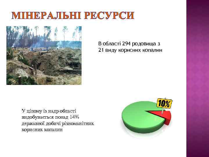МІНЕРАЛЬНІ РЕСУРСИ В області 294 родовища з 21 виду корисних копалин У цілому із
