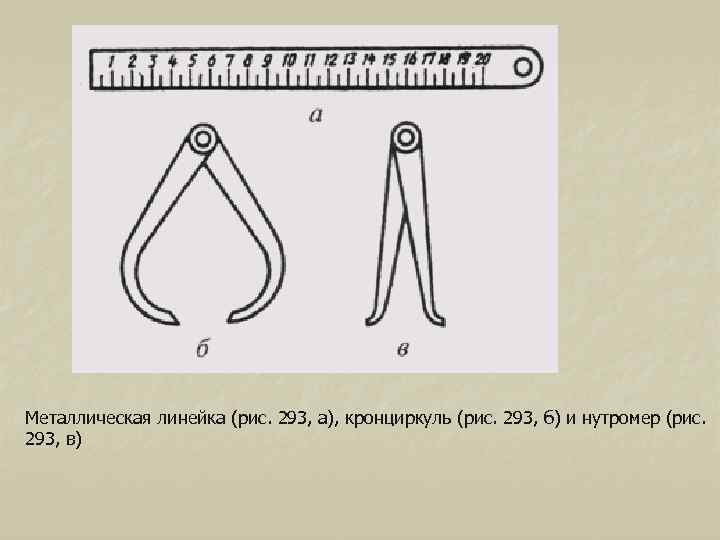 Металлическая линейка (рис. 293, а), кронциркуль (рис. 293, б) и нутромер (рис. 293, в)