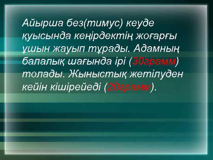 Айырша без(тимус) кеуде қуысында кеңірдектің жоғарғы ұшын жауып тұрады. Адамның балалық шағында ірі (30