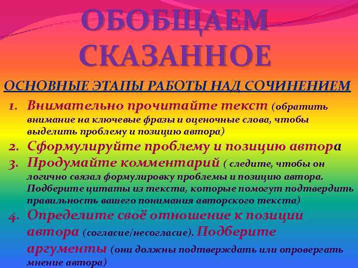 ОБОБЩАЕМ СКАЗАННОЕ ОСНОВНЫЕ ЭТАПЫ РАБОТЫ НАД СОЧИНЕНИЕМ 1. Внимательно прочитайте текст (обратить внимание на