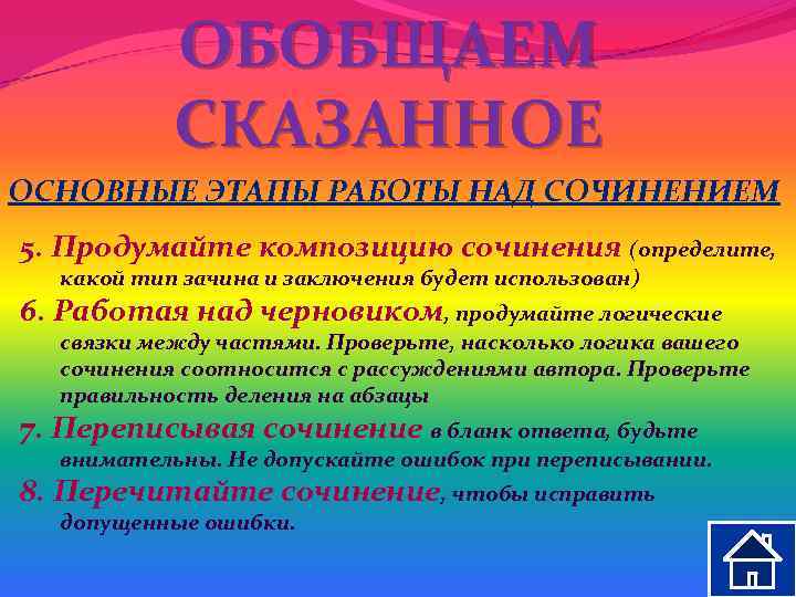 ОБОБЩАЕМ СКАЗАННОЕ ОСНОВНЫЕ ЭТАПЫ РАБОТЫ НАД СОЧИНЕНИЕМ 5. Продумайте композицию сочинения (определите, какой тип