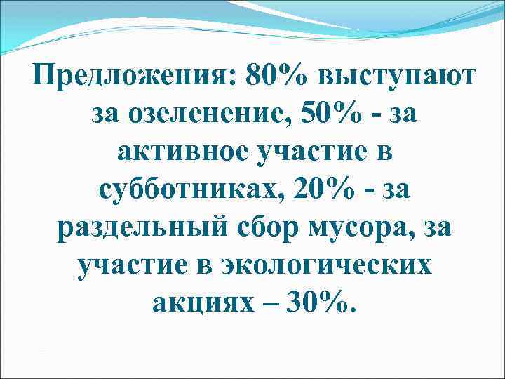 Предложения: 80% выступают за озеленение, 50% - за активное участие в субботниках, 20% -