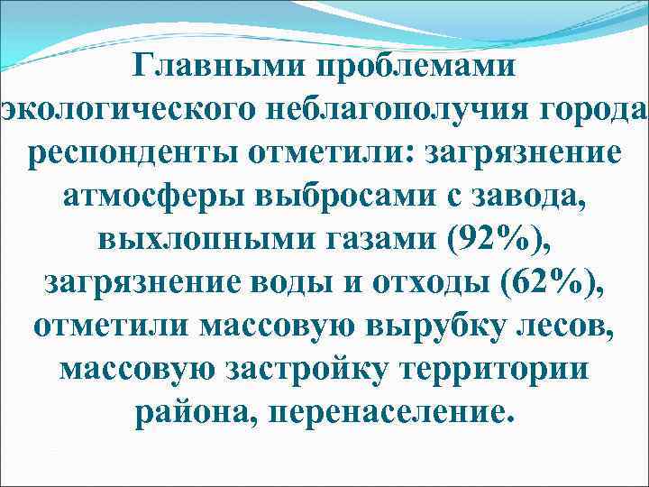 Главными проблемами экологического неблагополучия города респонденты отметили: загрязнение атмосферы выбросами с завода, выхлопными газами