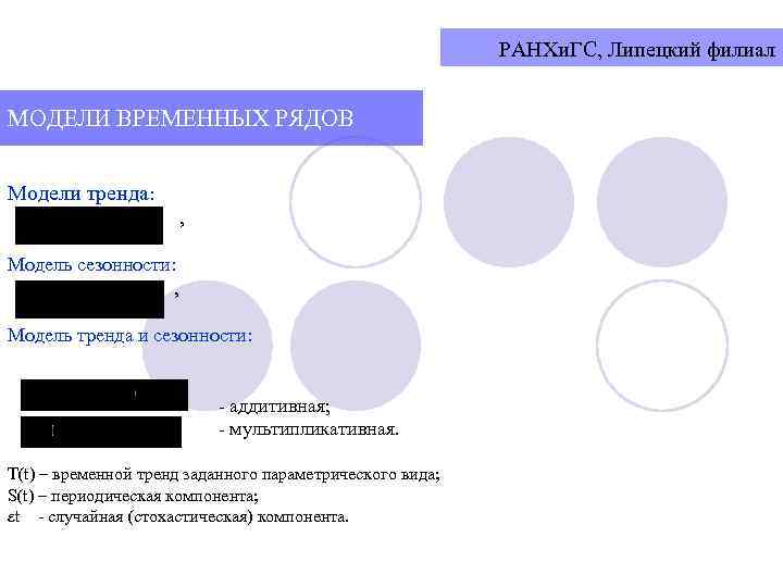 РАНХи. ГС, Липецкий филиал МОДЕЛИ ВРЕМЕННЫХ РЯДОВ Модели тренда: , Модель сезонности: , Модель