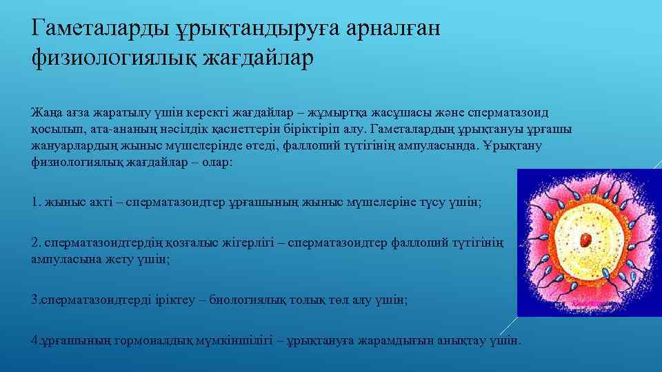 Гаметаларды ұрықтандыруға арналған физиологиялық жағдайлар Жаңа ағза жаратылу үшін керекті жағдайлар – жұмыртқа жасұшасы