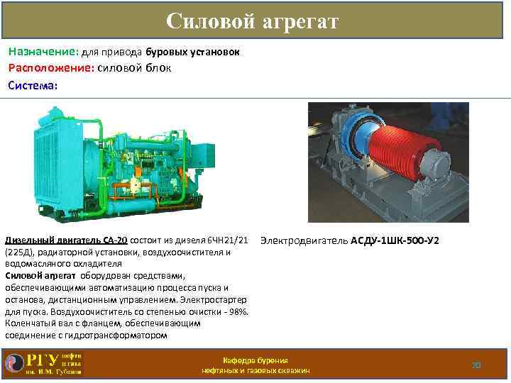 Силовой агрегат Назначение: для привода буровых установок Расположение: силовой блок Система: Дизельный двигатель CА-20