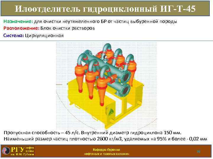 Илоотделитель гидроциклонный ИГ-Т-45 Назначение: для очистки неутяжеленного БР от частиц выбуренной породы Расположение: Блок