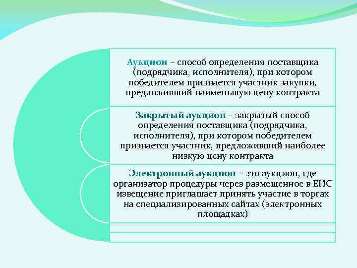 Аукцион – способ определения поставщика (подрядчика, исполнителя), при котором победителем признается участник закупки, предложивший